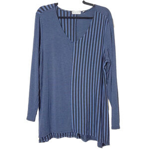Habitat Womens Large TUNIC Top Asymmetric Striped Stretch Boho V-Neck Blue Art